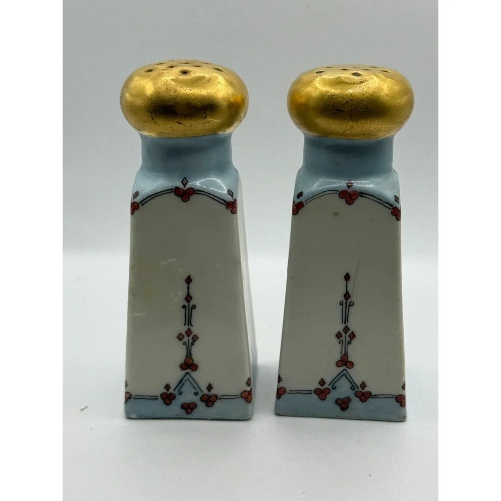 Vintage Porcelain Salt Pepper Shakers Gold Top Floral Art Deco Cottage Farmhouse